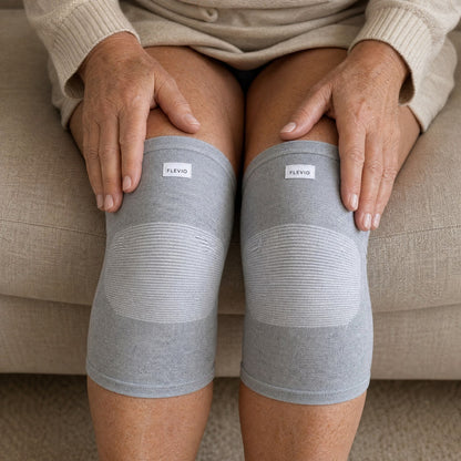 Femme assise portant une paire de genouillères de compression grises