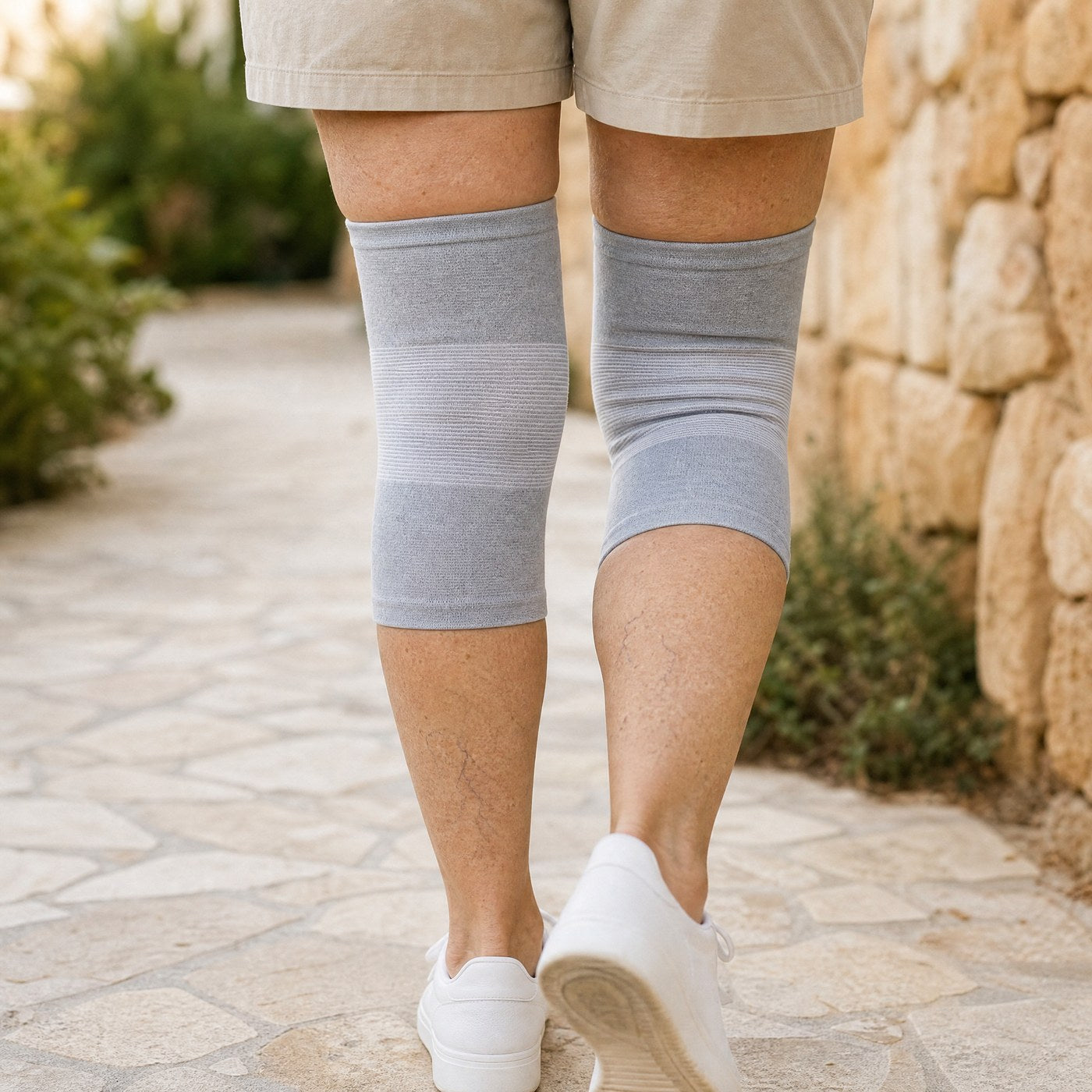 Genouillères de compression grises portées en marchant à l'extérieur