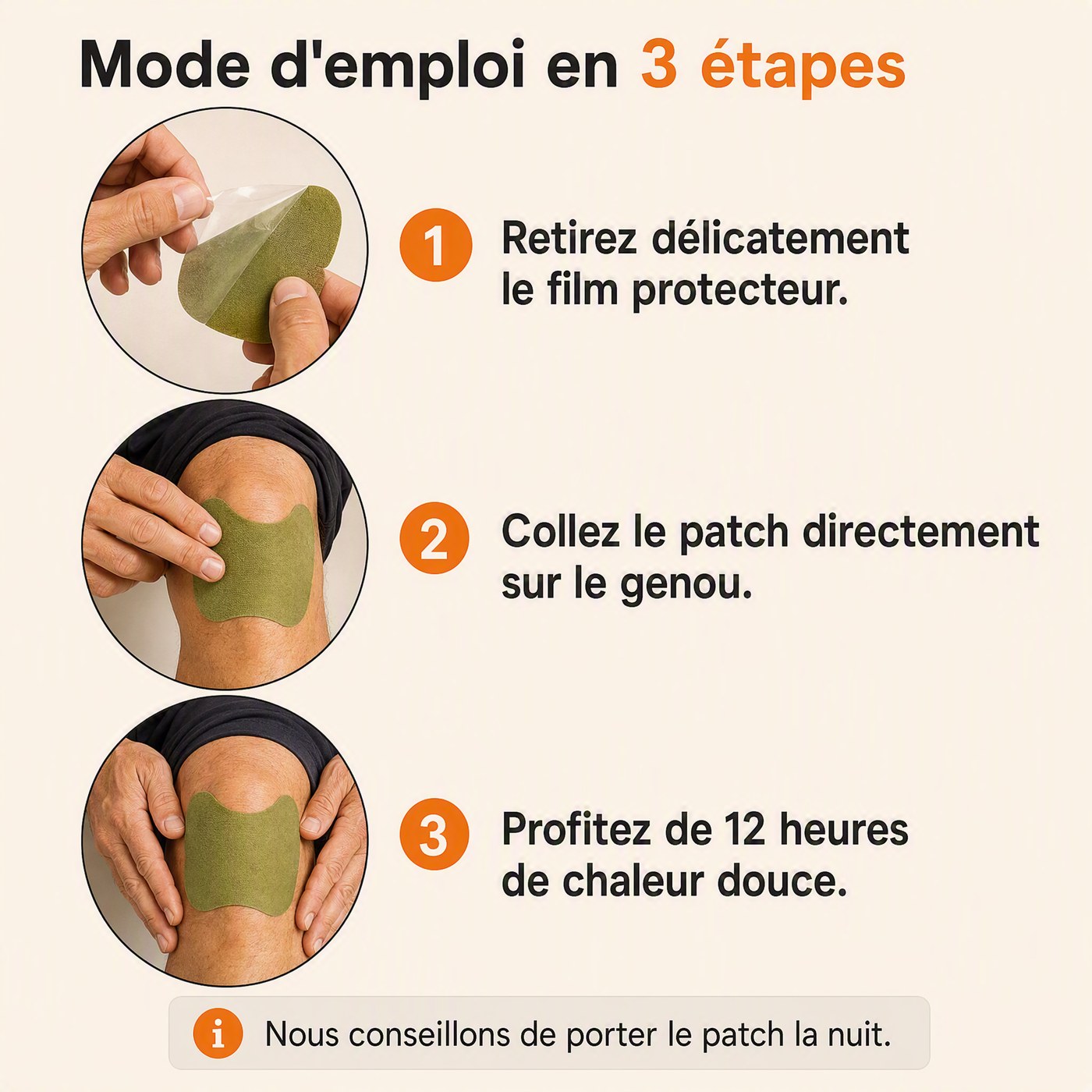 Comment poser un patch chauffant Flevio sur le genou, en trois étapes