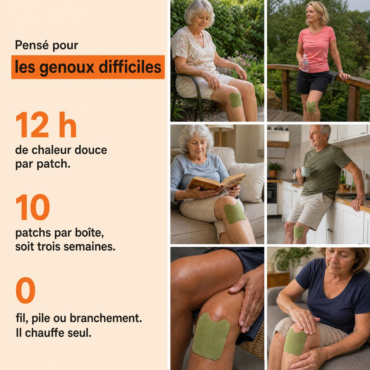 Patchs chauffants Flevio portés au genou dans différentes situations