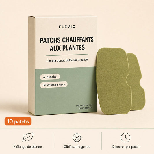 Boîte de 10 patchs chauffants Flevio avec deux patchs verts posés devant