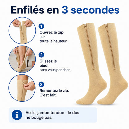 FR: Enfilés en 3 secondes : ouvrez le zip, glissez le pied, remontez le zip