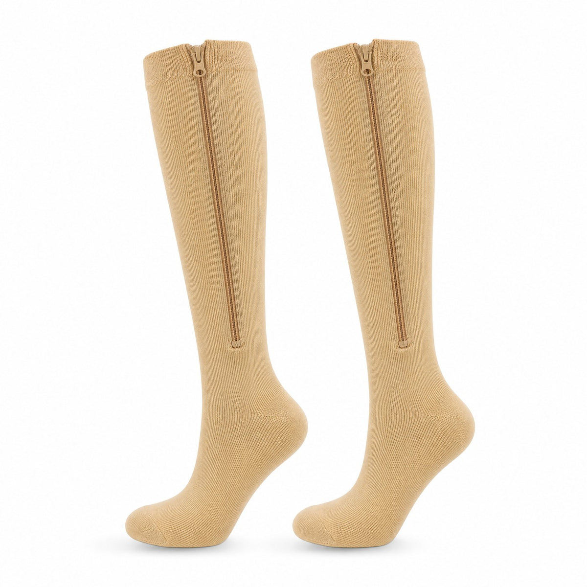 Bas de contention zippés Flevio, la paire, coloris beige, zip fermé sur le côté extérieur