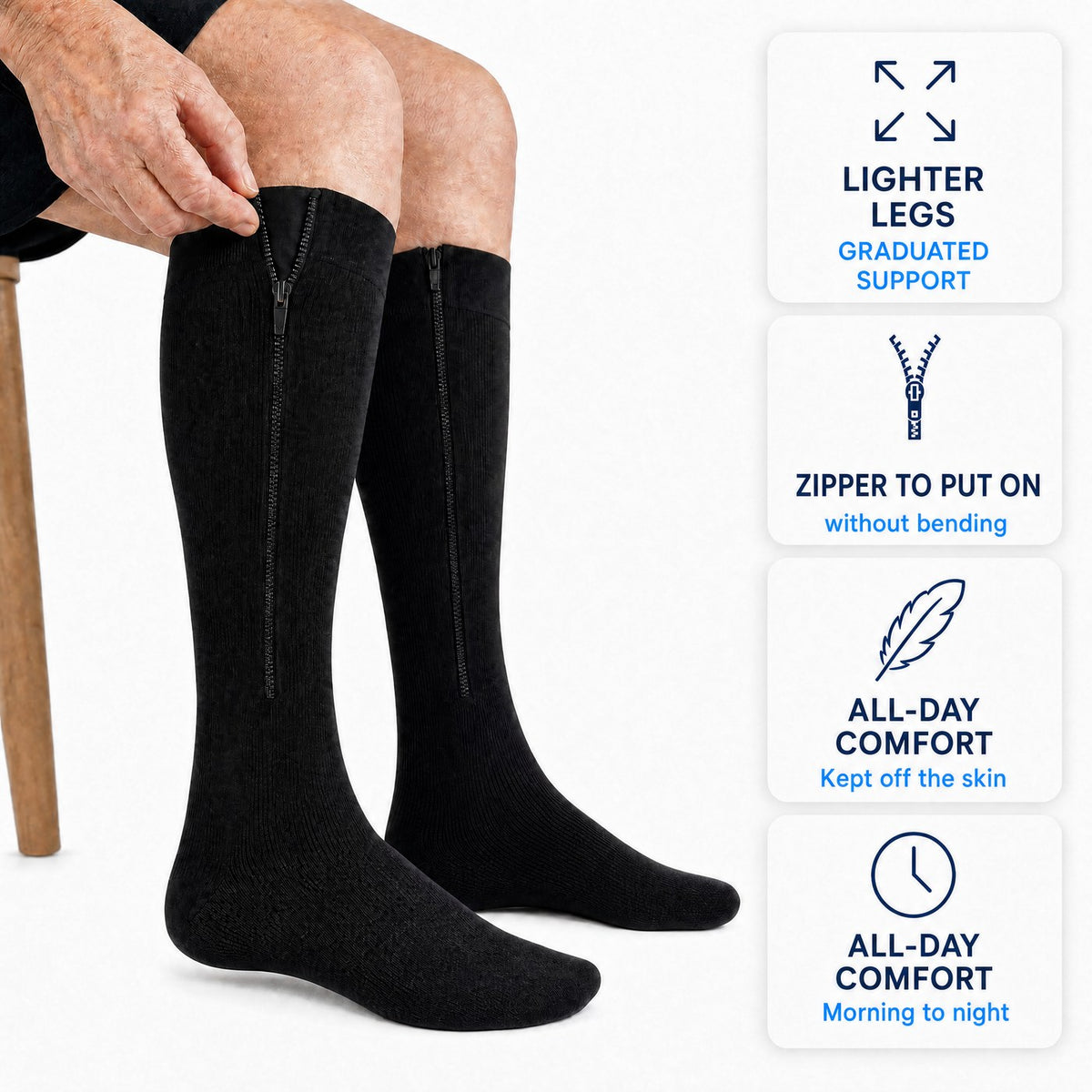 EN: Flevio black zip-up compression sock: lighter legs, zipper to put on without bending, all-day comfort