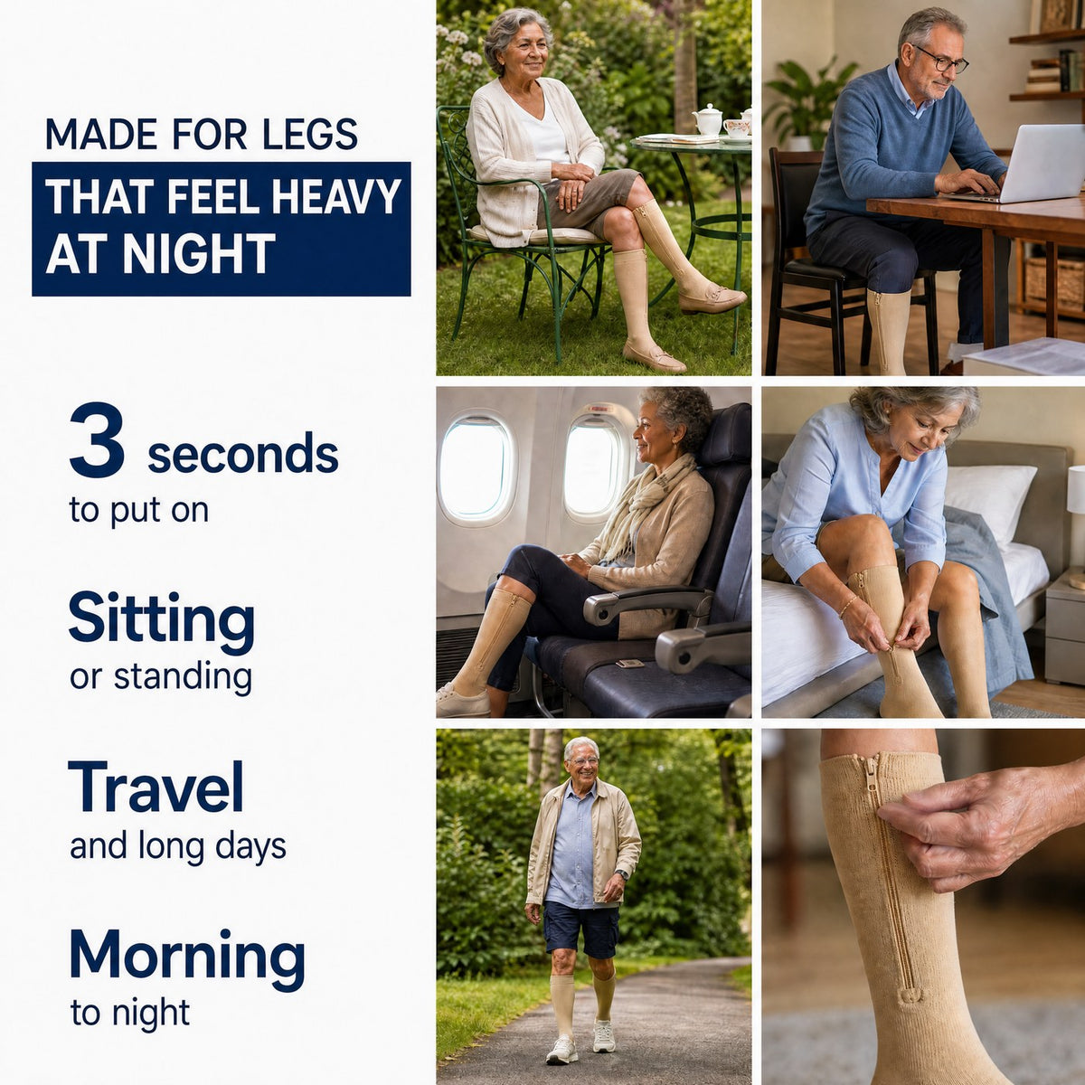 EN: Made for legs that feel heavy at night: 3 seconds to put on, sitting or standing, travel and long days, morning to night
