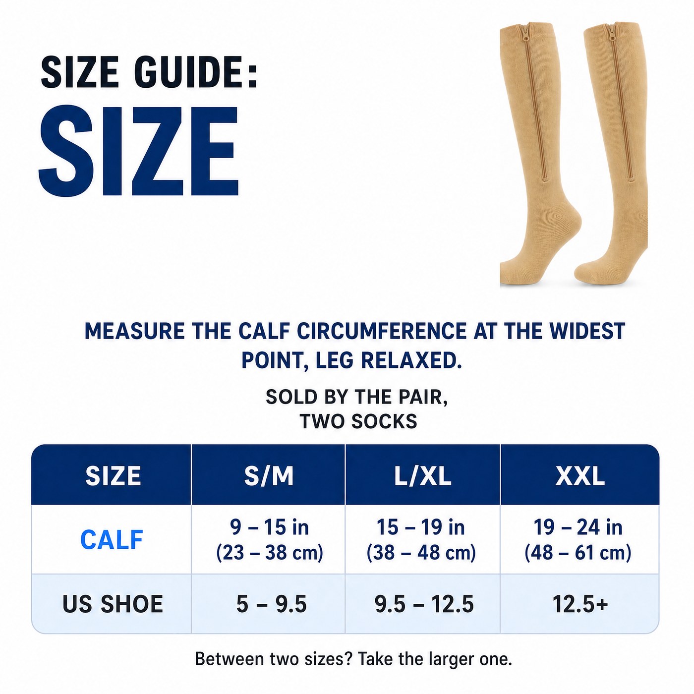 EN: Size guide by calf circumference: S/M 9-15 in, L/XL 15-19 in, XXL 19-24 in