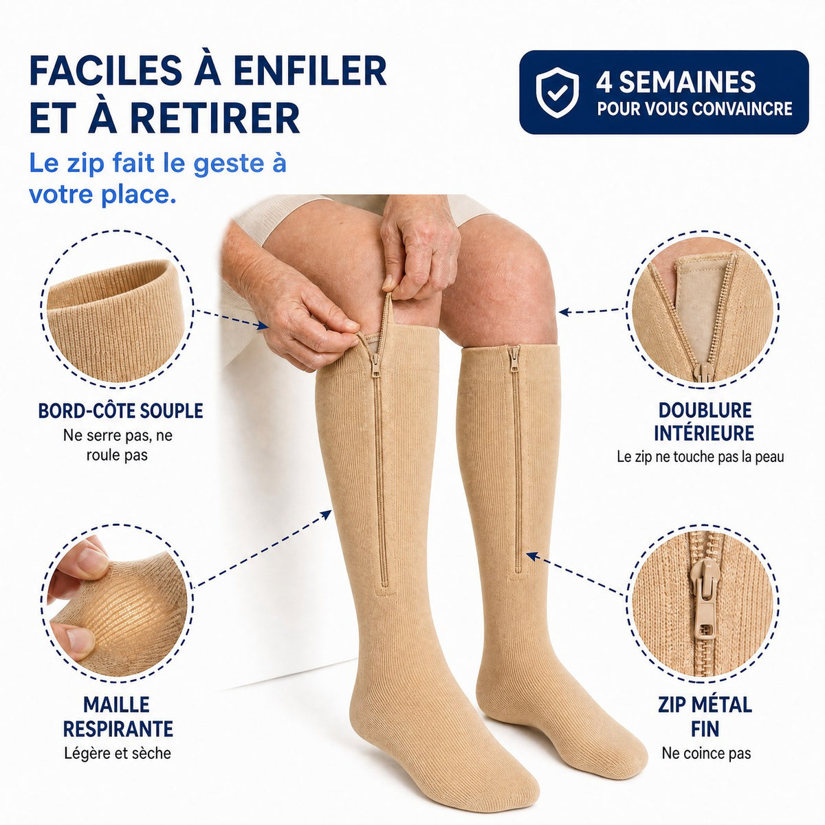 FR: Faciles à enfiler et à retirer : bord-côte souple, maille respirante, doublure intérieure, zip métal fin ; 4 semaines pour vous convaincre