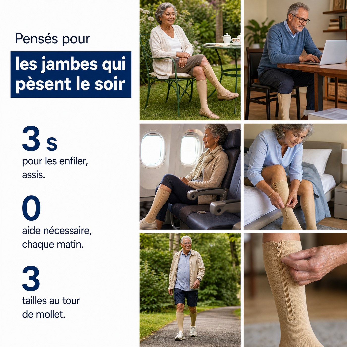 FR: Pensés pour les jambes qui pèsent le soir : 3 secondes pour les enfiler, aucune aide nécessaire, 3 tailles