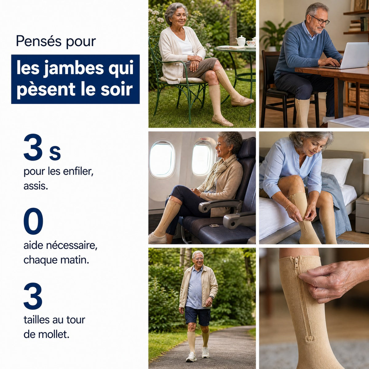 FR: Pensés pour les jambes qui pèsent le soir : 3 secondes pour les enfiler, aucune aide nécessaire, 3 tailles