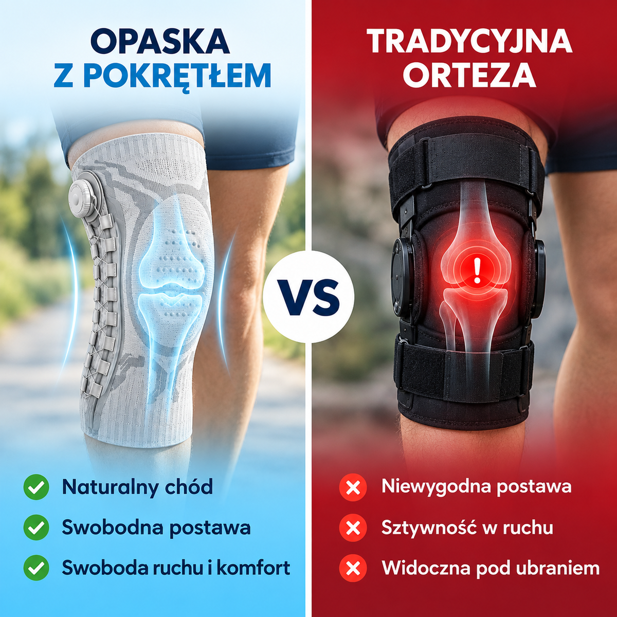 Opaska z pokrętłem w porównaniu z tradycyjną ortezą