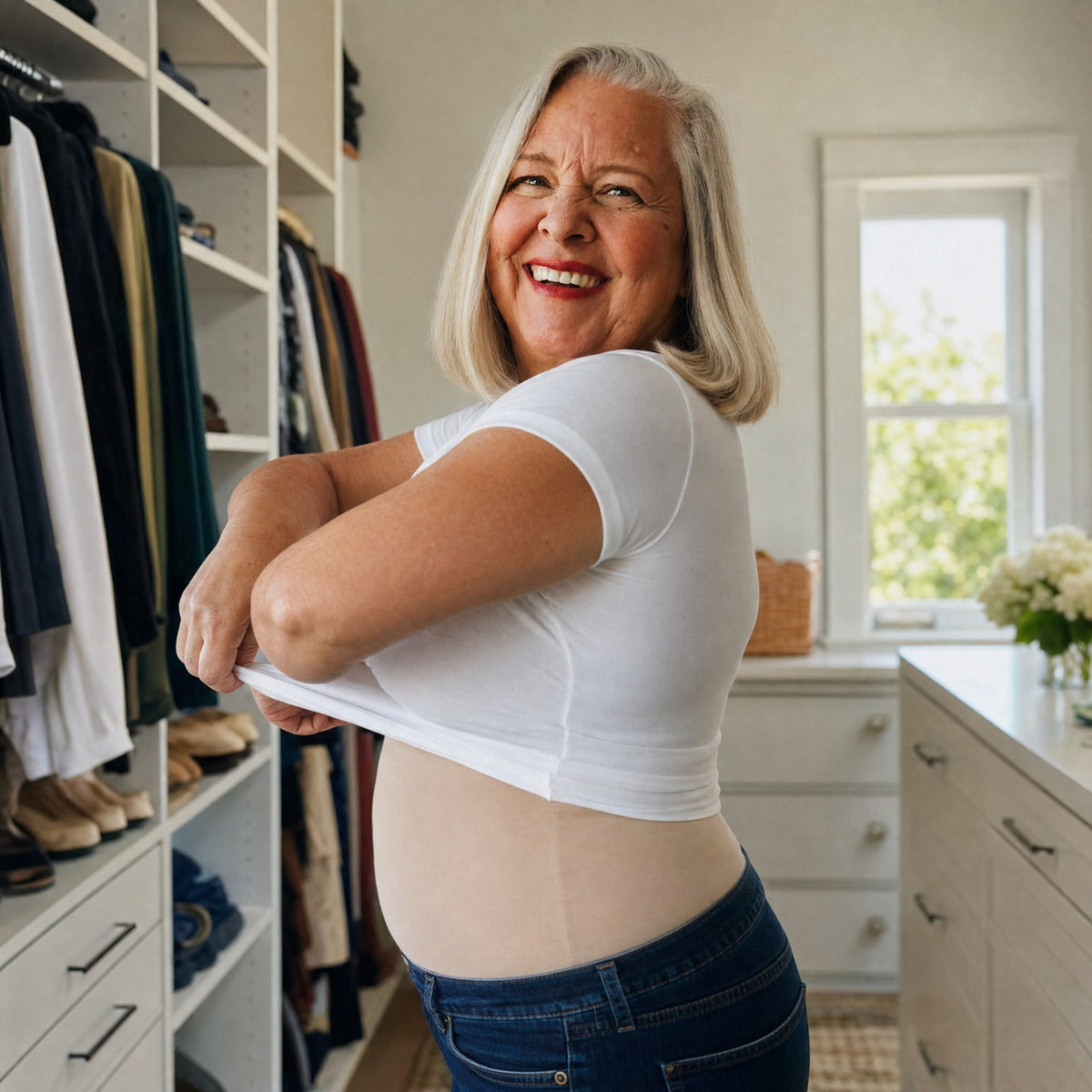 Dos lisse sous un t-shirt blanc, sans ligne de bande
